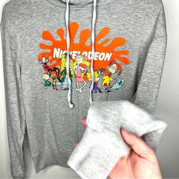 Nickelodeon 90s Cartoon Graphic Logo Pullover Gray Hooded Sweatshirt Medium - Picture 7 of 12